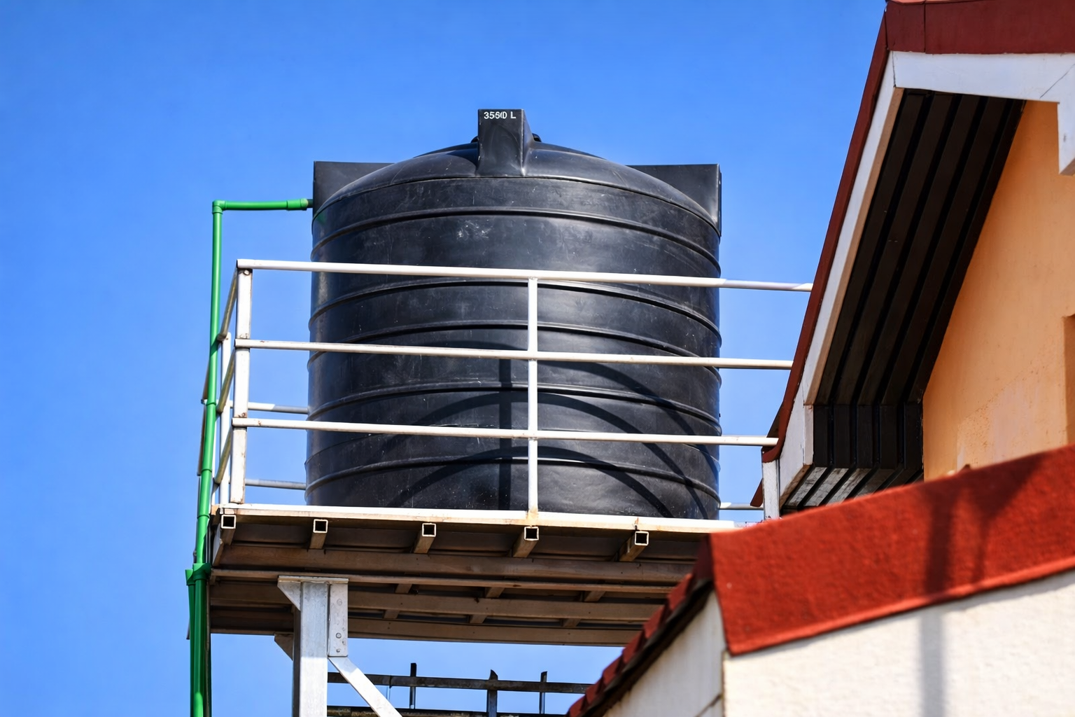 10,000 L water tank for storing water for residential use in Nairobi_ Water is either piped into the tanks from treated source, or filled by way of a water truck